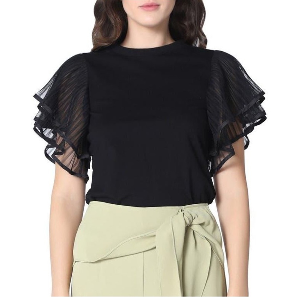 Gracia Chiffon Ruffle Sleeve Top Black Sz M‎